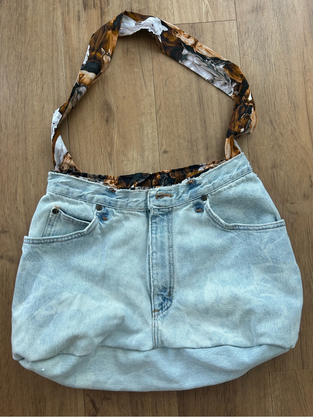 Upcycled Light Blue Denim Shoulder Bag Horse Print Western Boho Slouchy Tote